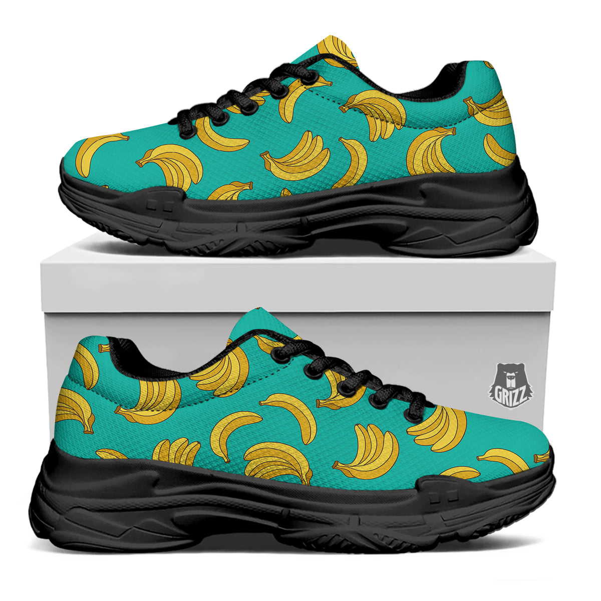 Yellow Banana Print Pattern Black Chunky Shoes-grizzshop