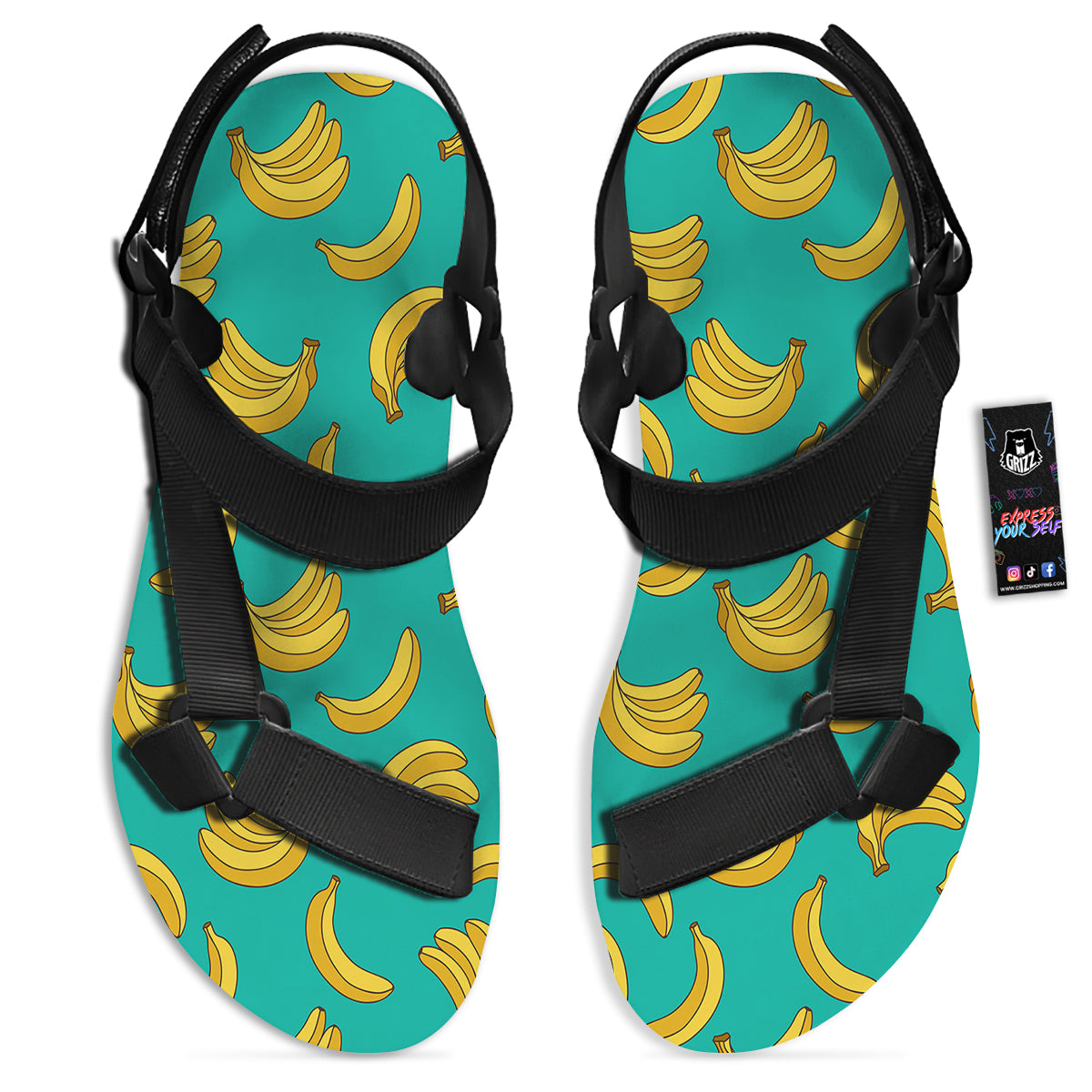 Yellow Banana Print Pattern Black Open Toe Sandals-grizzshop
