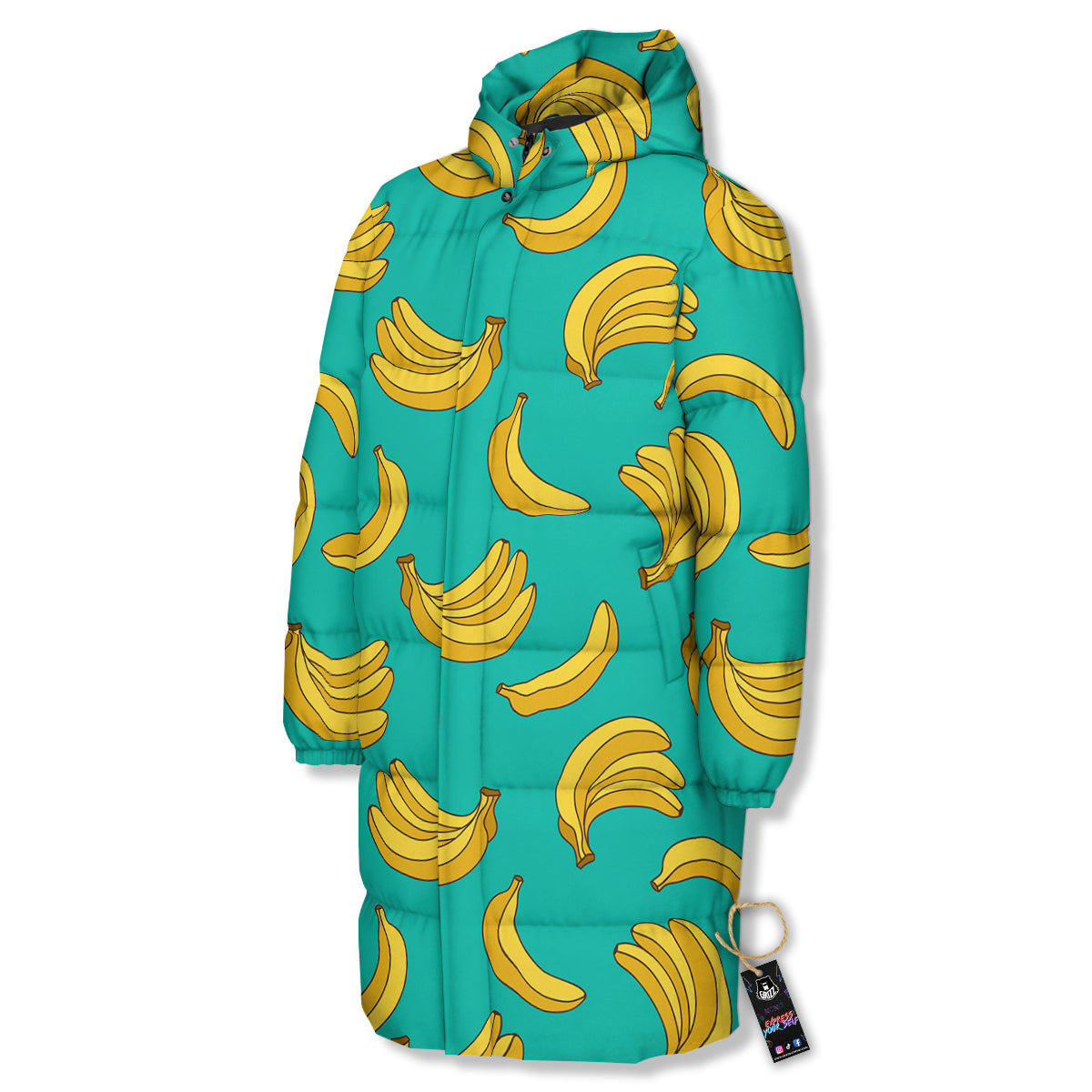 Yellow Banana Print Pattern Long Down Jacket-grizzshop