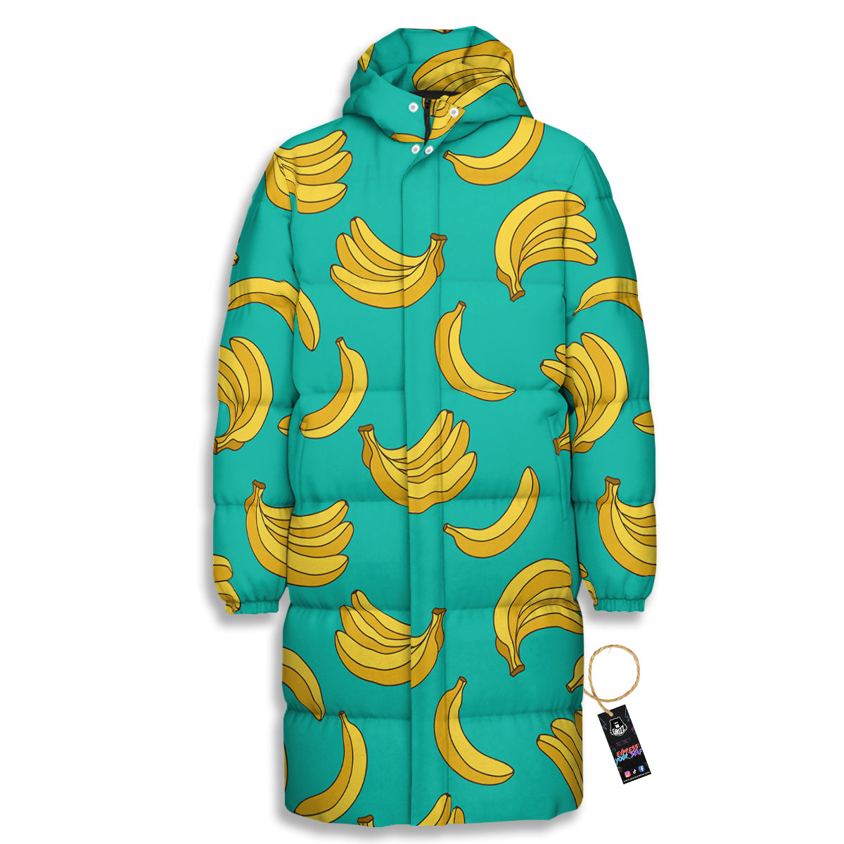 Yellow Banana Print Pattern Long Down Jacket-grizzshop
