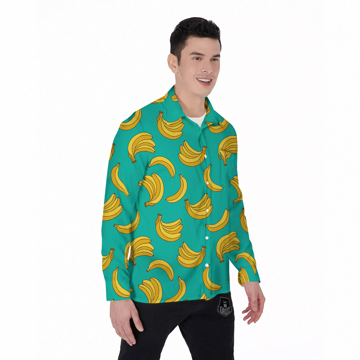 Yellow Banana Print Pattern Men's Long Sleeve Shirts-grizzshop
