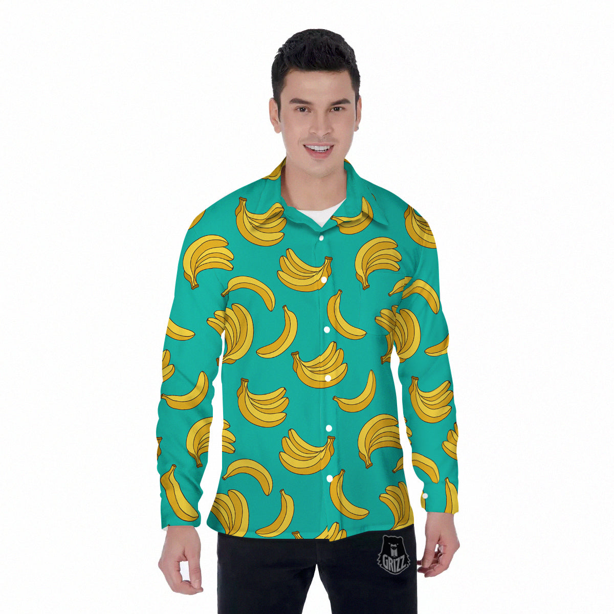 Yellow Banana Print Pattern Men's Long Sleeve Shirts-grizzshop