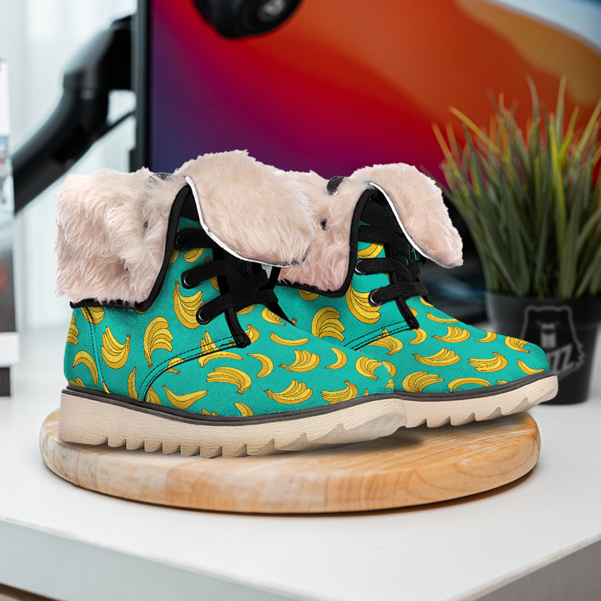 Yellow Banana Print Pattern Snow Boots-grizzshop