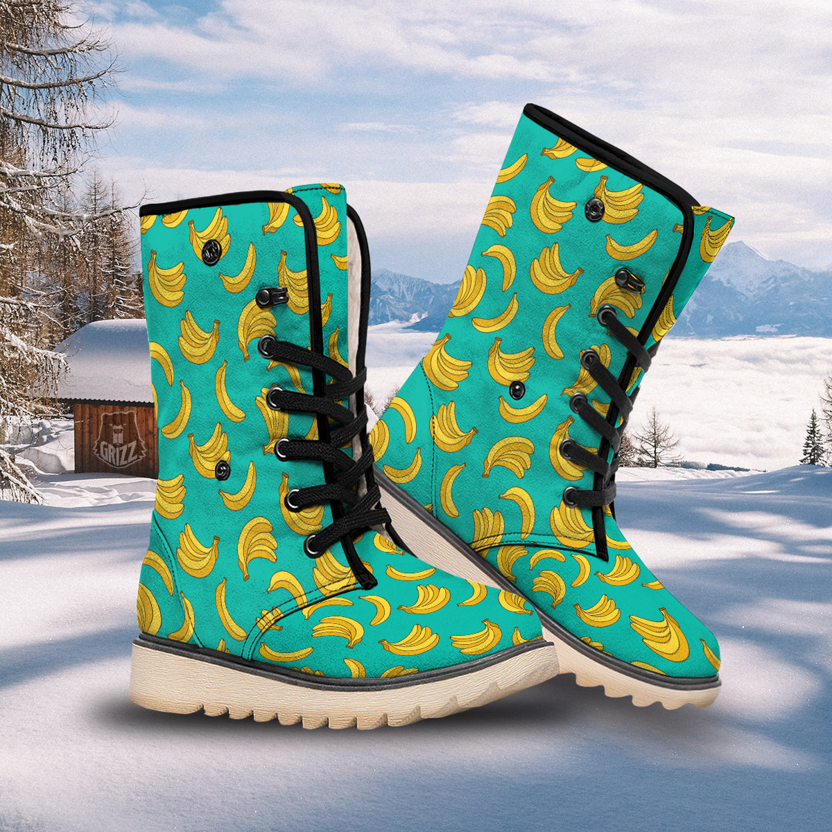 Yellow Banana Print Pattern Snow Boots-grizzshop