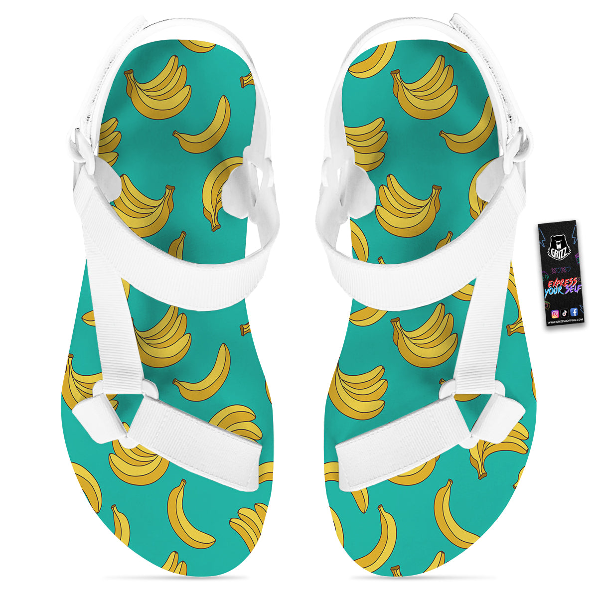 Yellow Banana Print Pattern White Open Toe Sandals-grizzshop