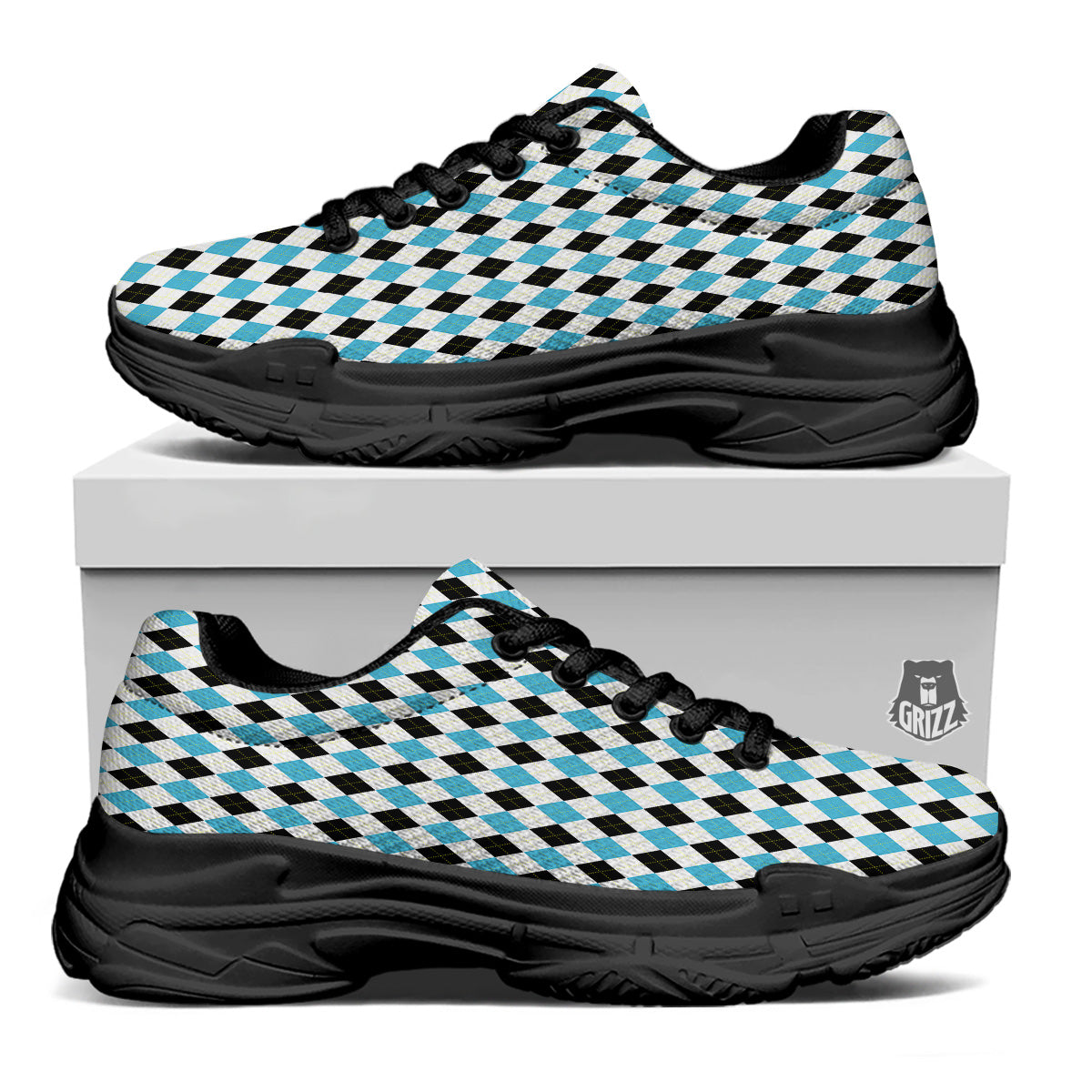 Yellow Black And Blue Argyle Print Black Chunky Shoes-grizzshop
