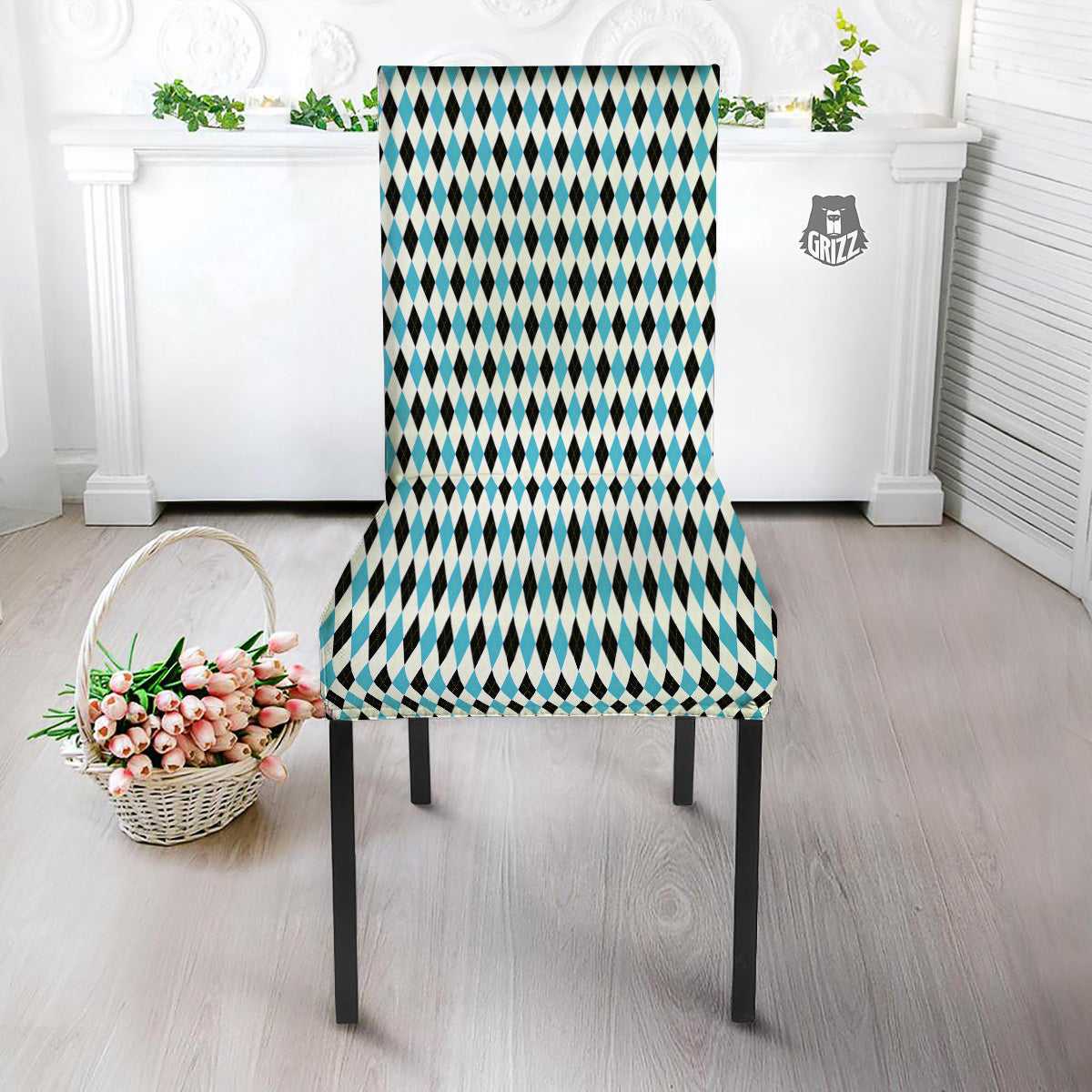 Yellow Black And Blue Argyle Print Dining Chair Slipcover-grizzshop