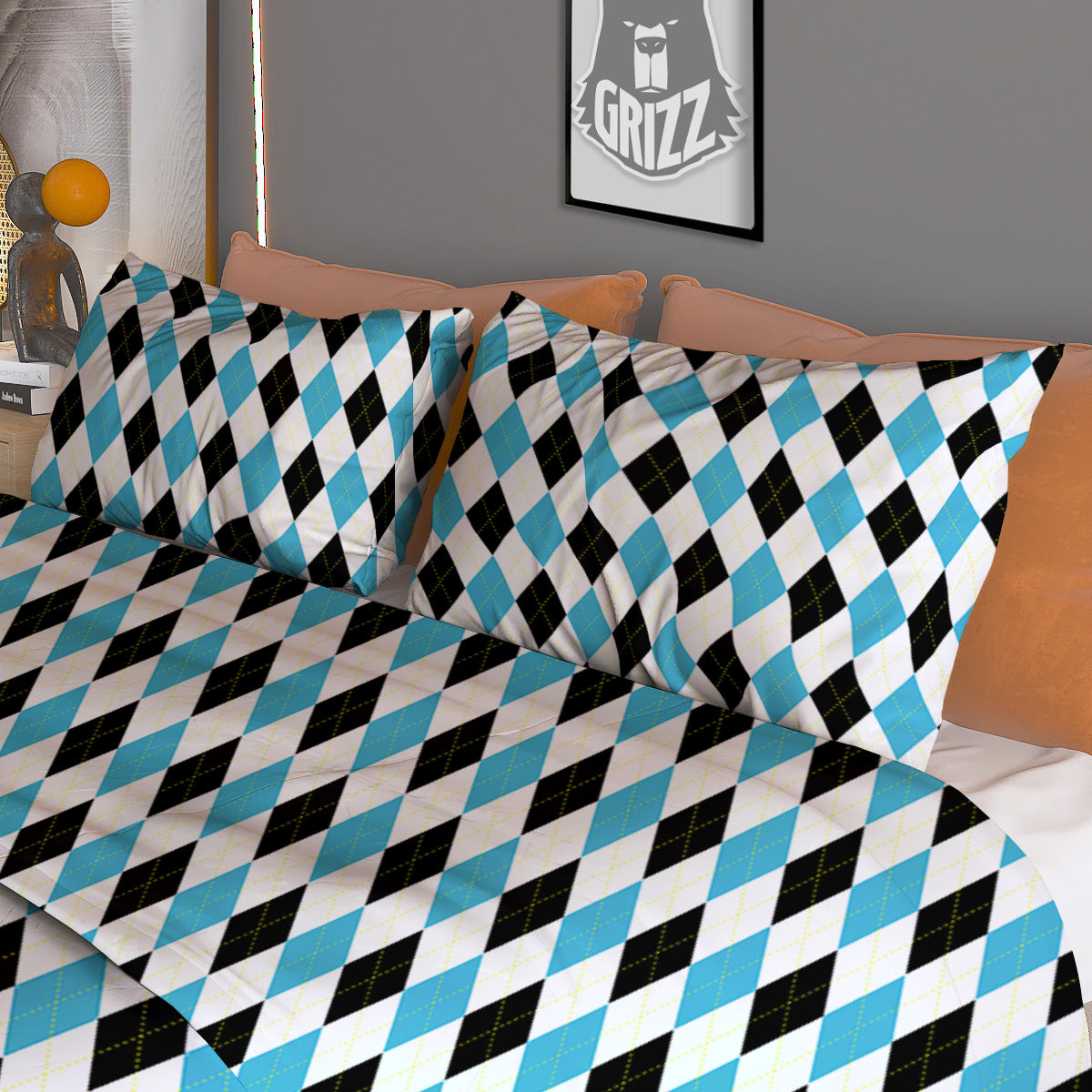 Yellow Black And Blue Argyle Print Duvet Cover Bedding Set