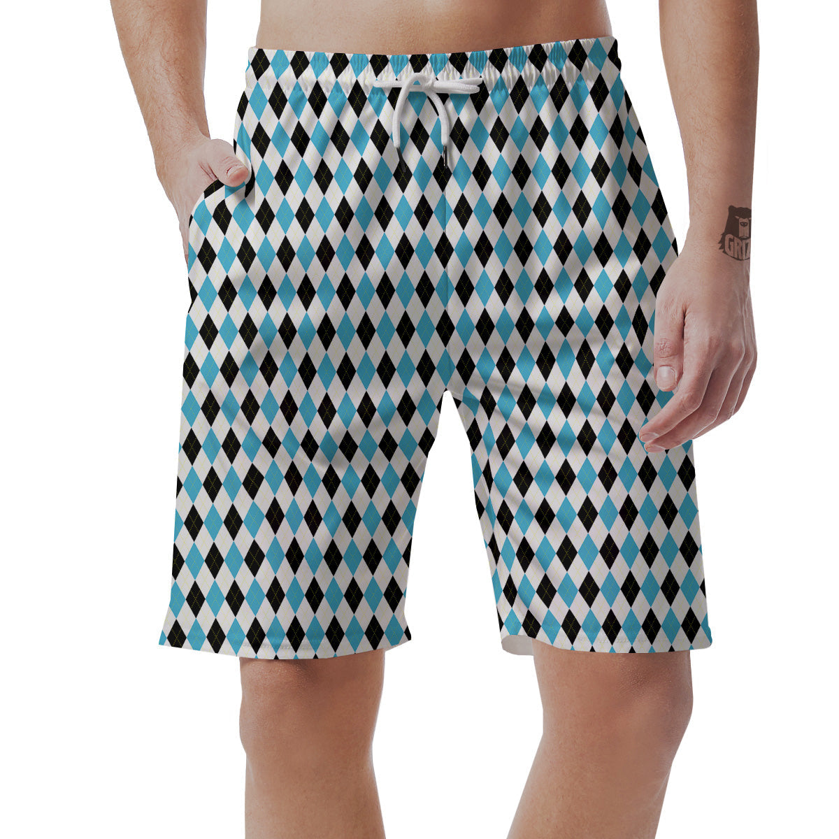 Yellow Black And Blue Argyle Print Men's Shorts-grizzshop
