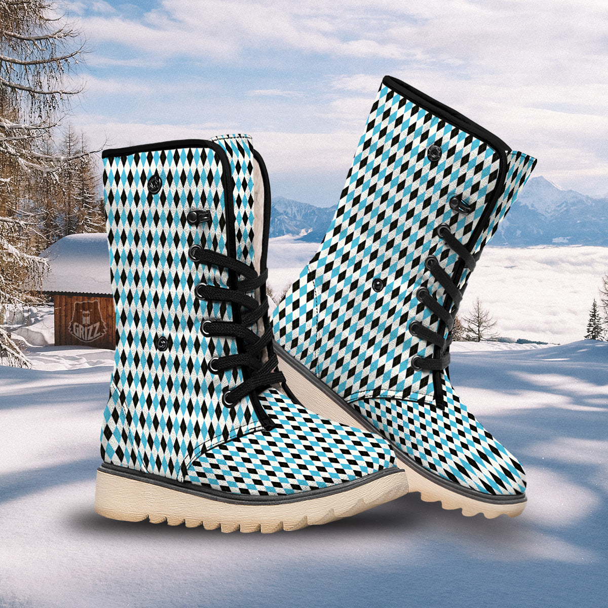 Yellow Black And Blue Argyle Print Snow Boots-grizzshop