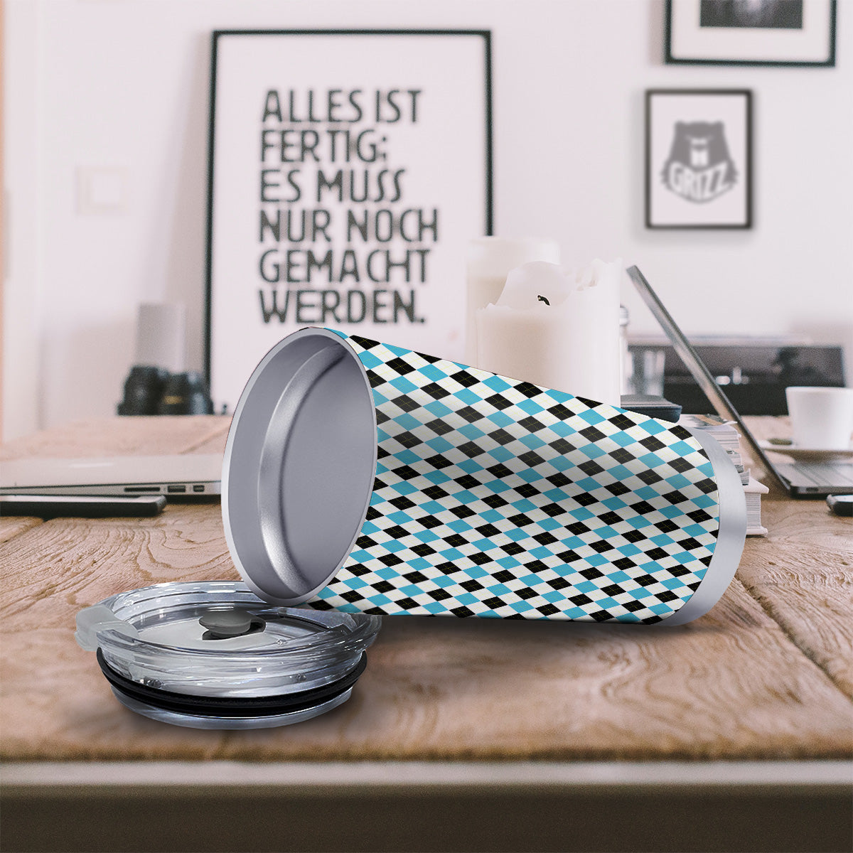 Yellow Black And Blue Argyle Print Tumbler-grizzshop