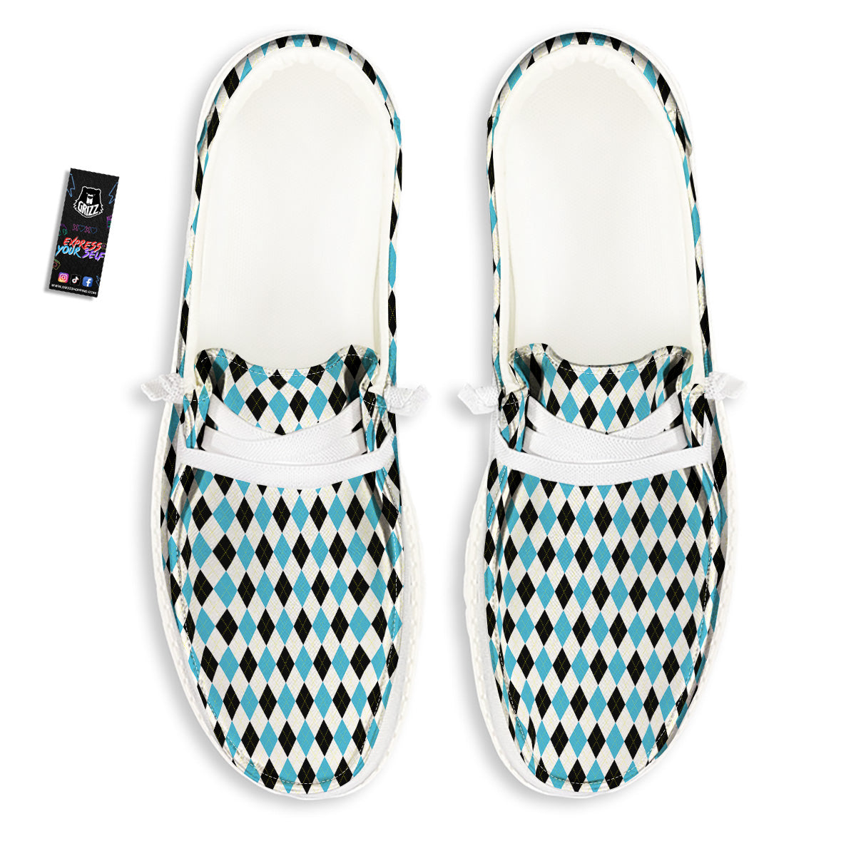 Yellow Black And Blue Argyle Print White Loafers-grizzshop