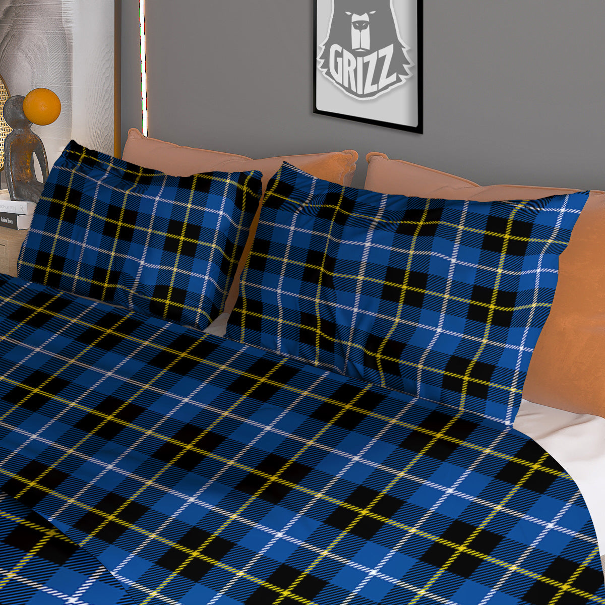 Yellow Blue And Black Tartan Print Duvet Cover Bedding Set