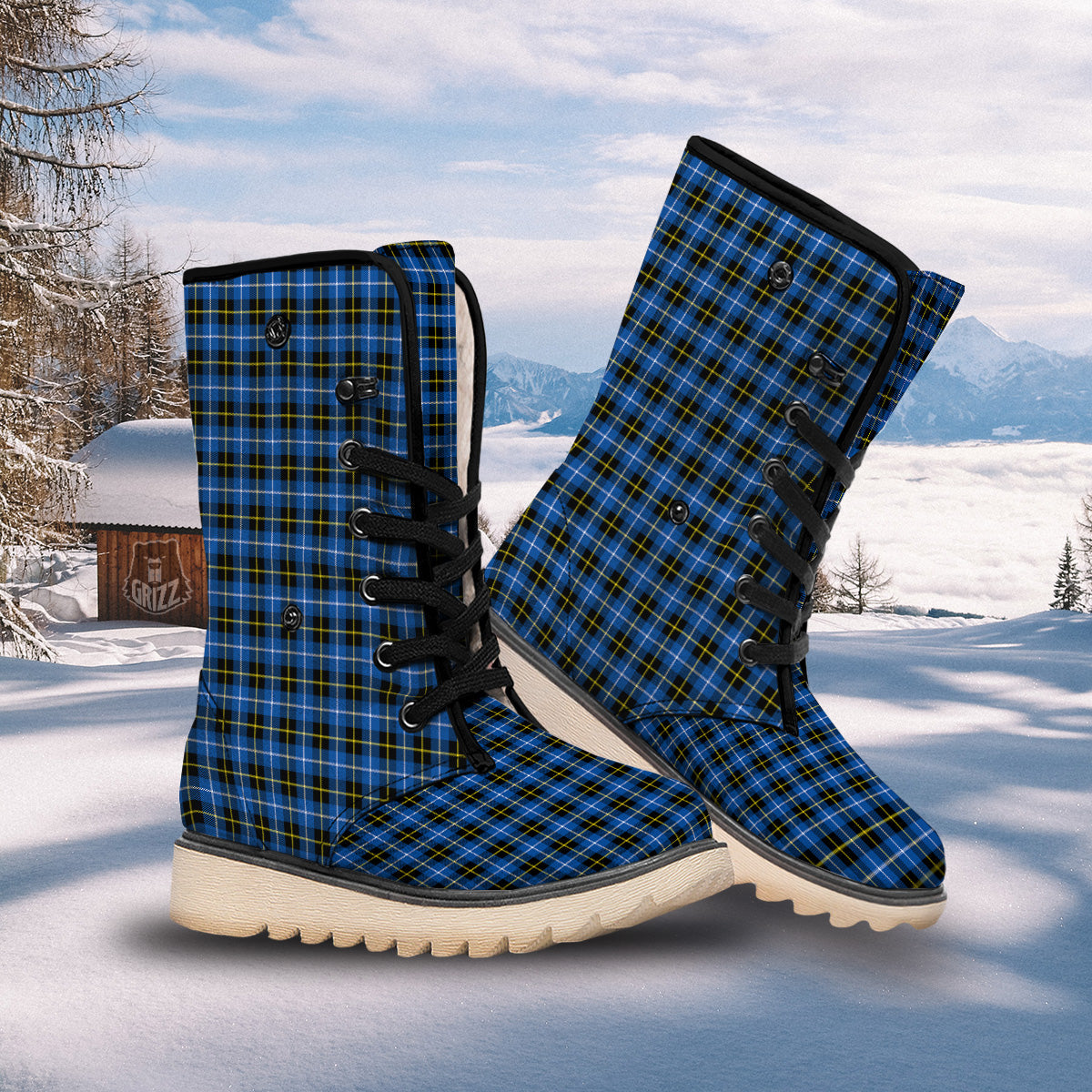Yellow Blue And Black Tartan Print Snow Boots-grizzshop
