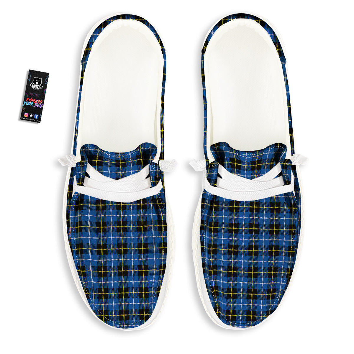 Yellow Blue And Black Tartan Print White Loafers-grizzshop