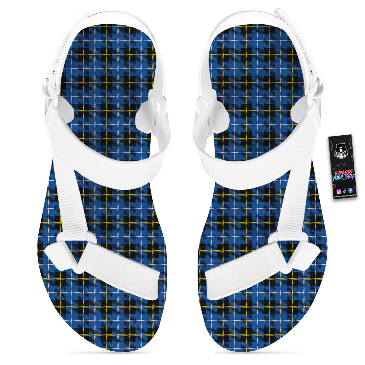 Yellow Blue And Black Tartan Print White Open Toe Sandals-grizzshop