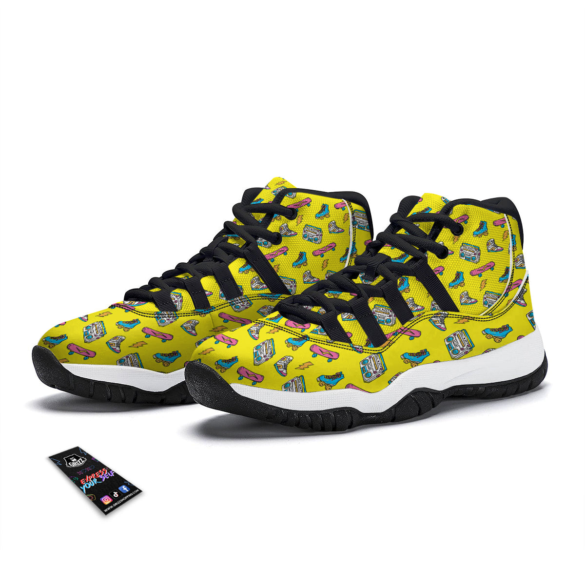 Yellow Boombox Print Pattern Black Bball Shoes-grizzshop