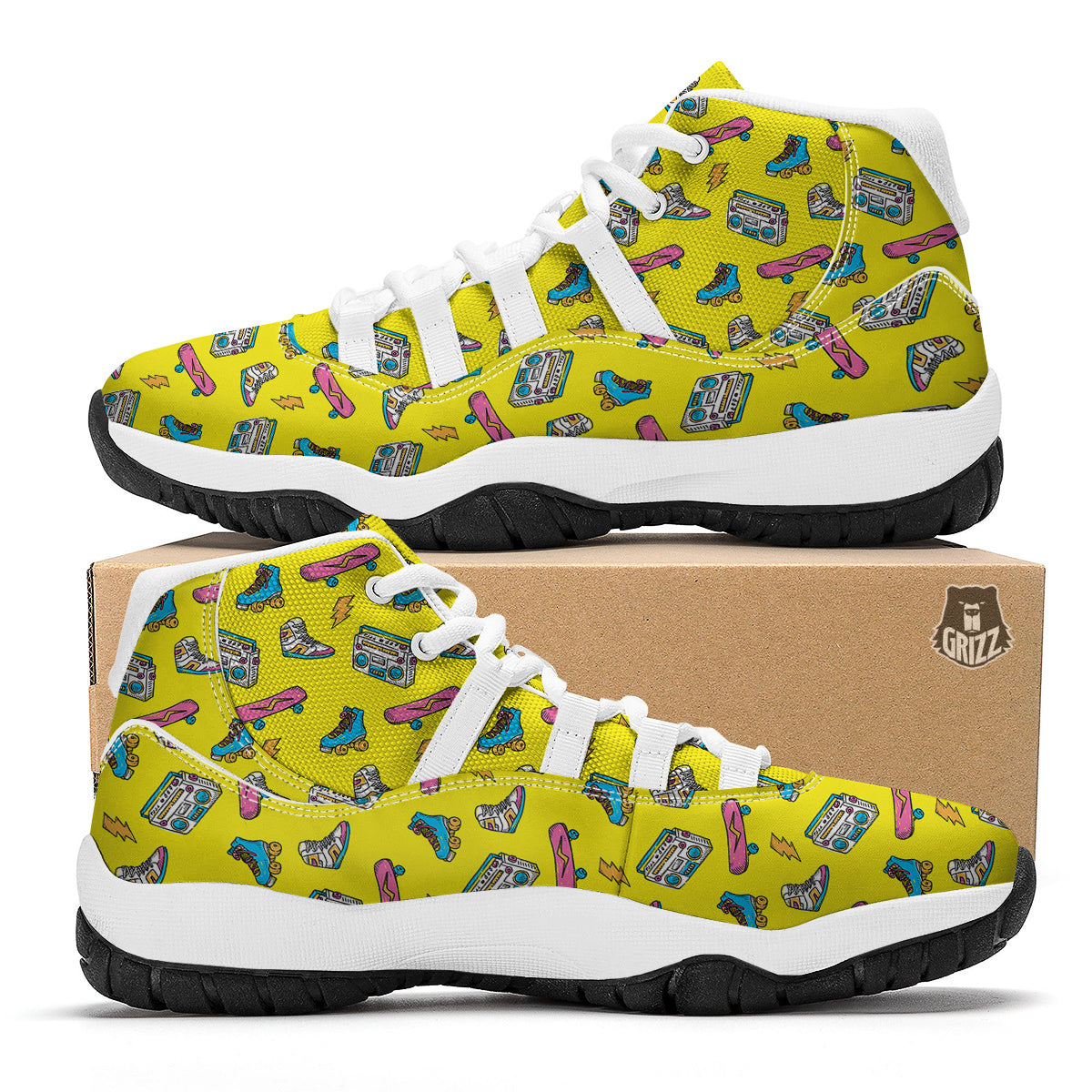 Yellow Boombox Print Pattern White Bball Shoes-grizzshop