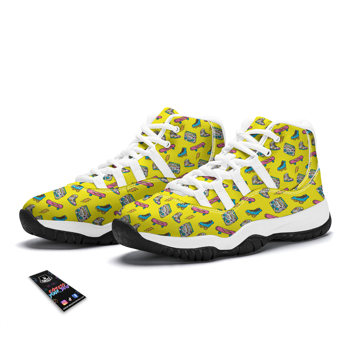 Yellow Boombox Print Pattern White Bball Shoes-grizzshop