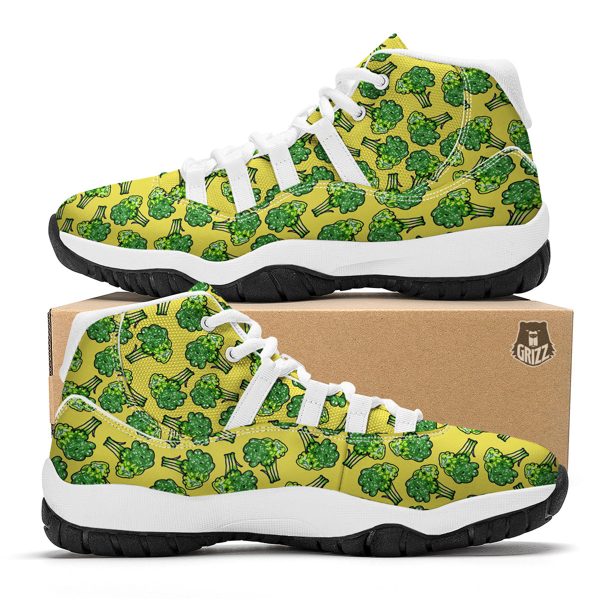 Yellow Broccoli Print Pattern White Bball Shoes-grizzshop