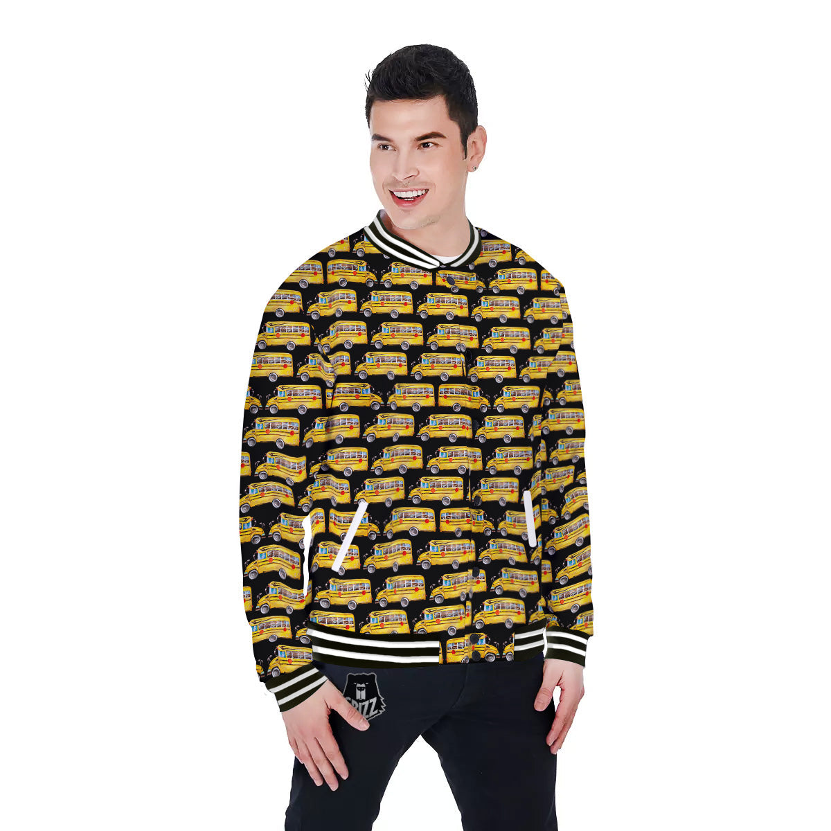 Yellow Bus Print Pattern Baseball Jacket-grizzshop