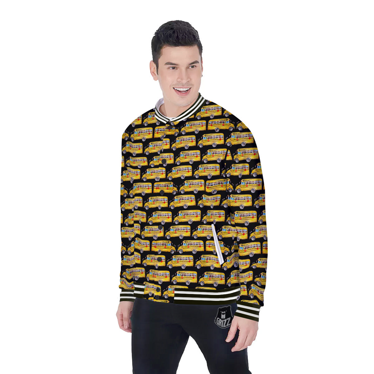 Yellow Bus Print Pattern Baseball Jacket-grizzshop