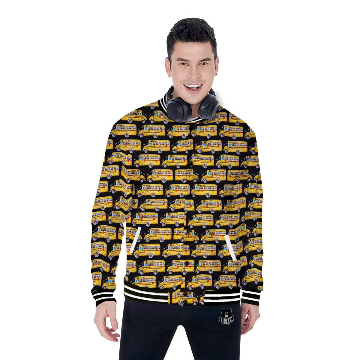Yellow Bus Print Pattern Baseball Jacket-grizzshop