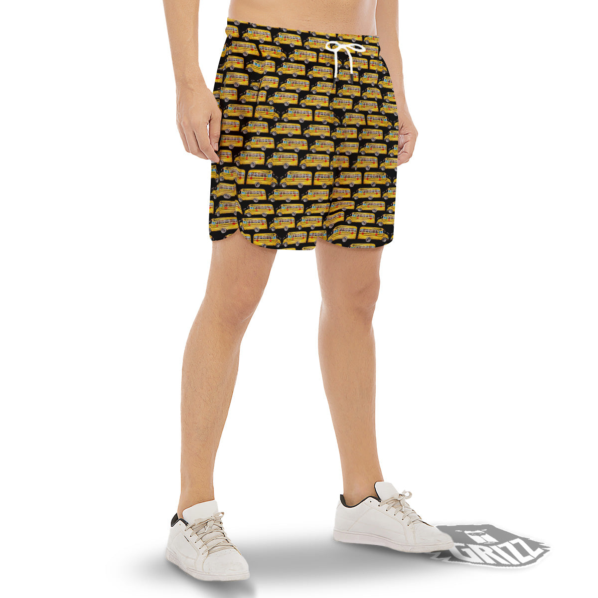 Yellow Bus Print Pattern Men's Gym Shorts-grizzshop