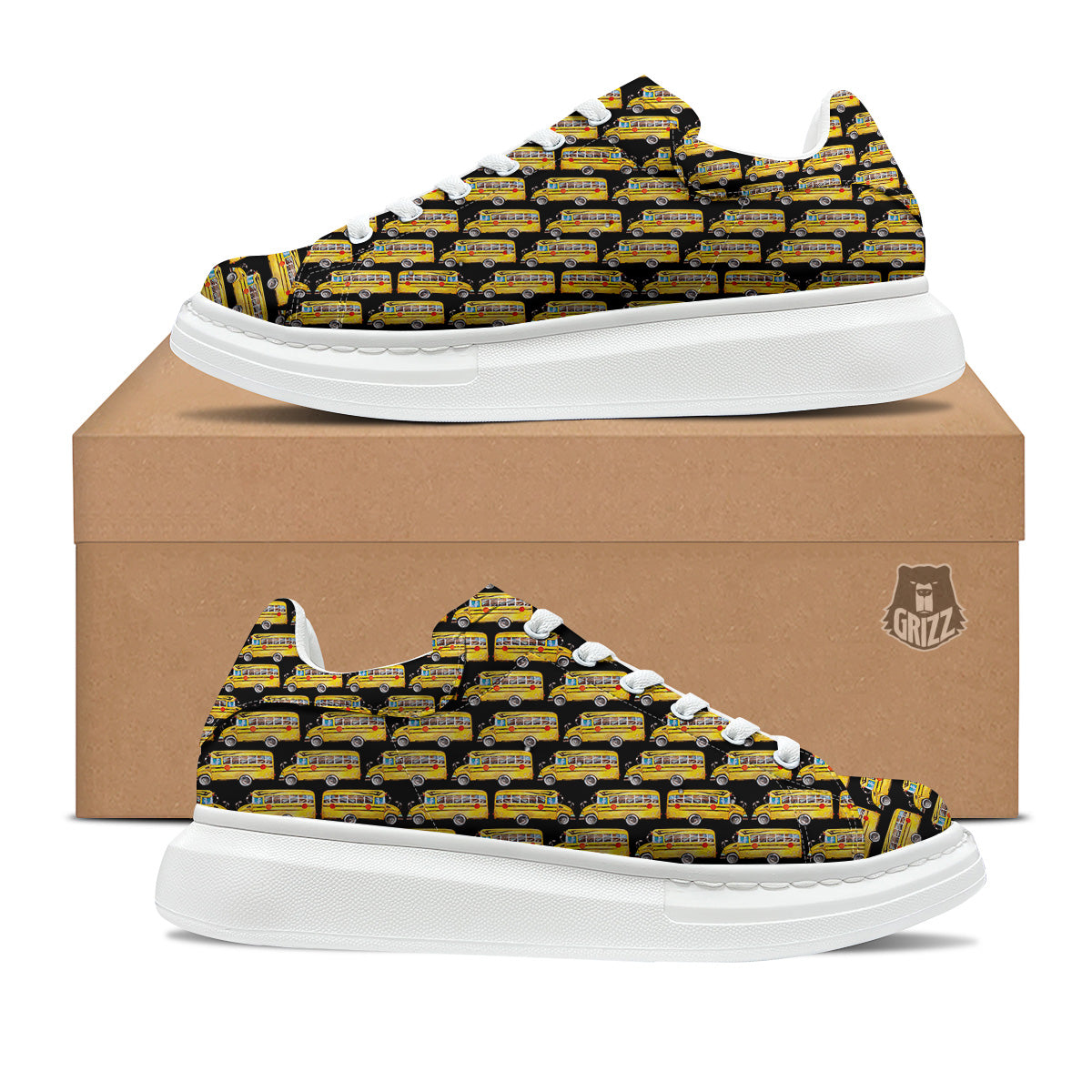 Yellow Bus Print Pattern Platform Shoes-grizzshop