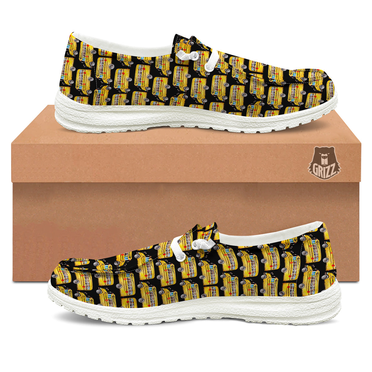 Yellow Bus Print Pattern White Loafers-grizzshop