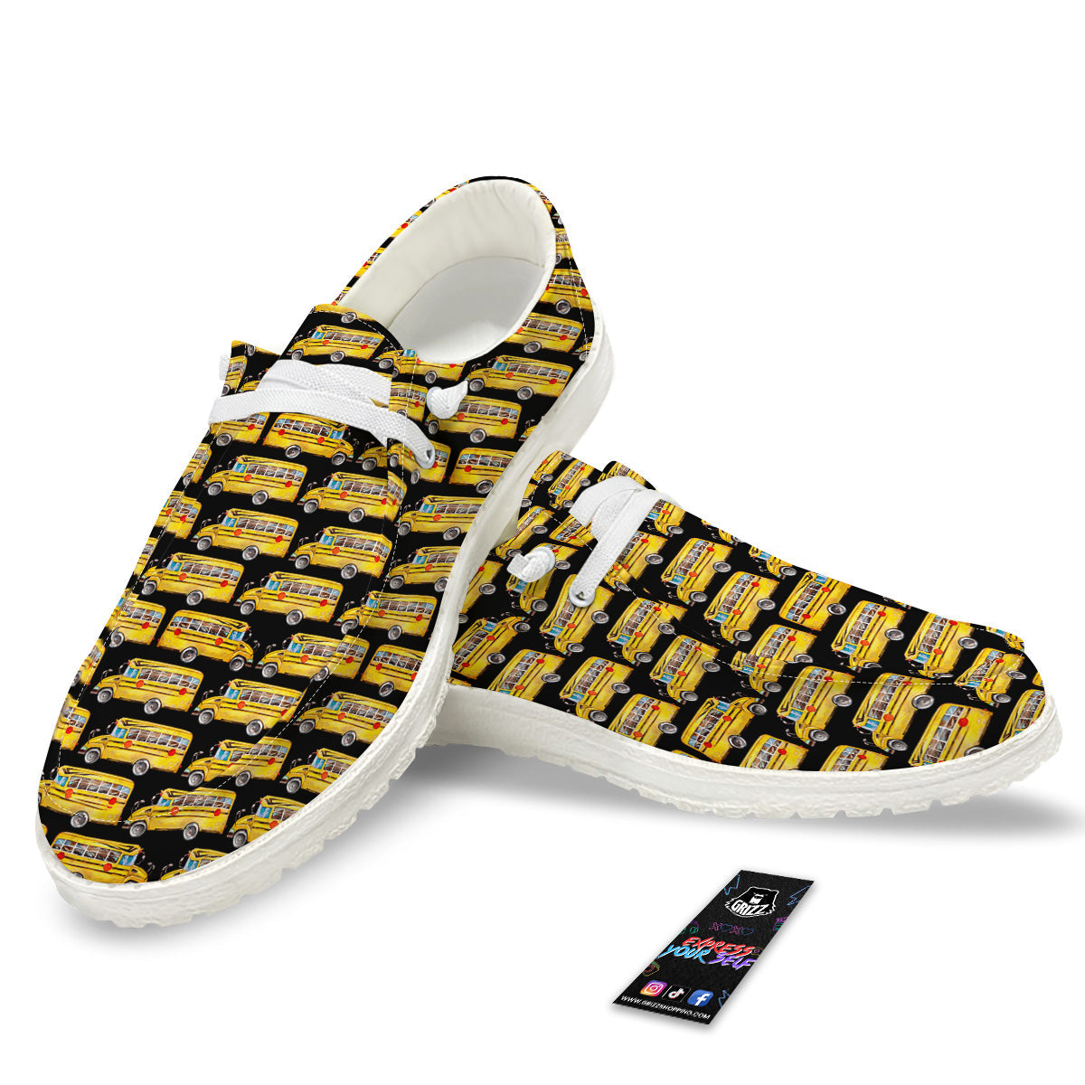 Yellow Bus Print Pattern White Loafers-grizzshop