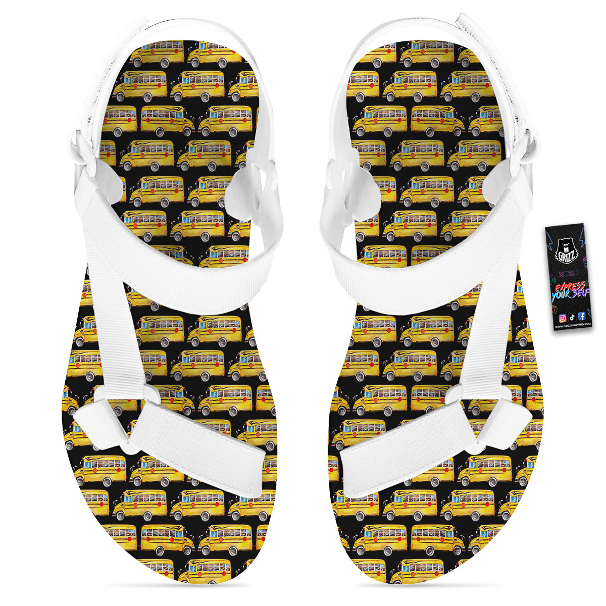 Yellow Bus Print Pattern White Open Toe Sandals-grizzshop