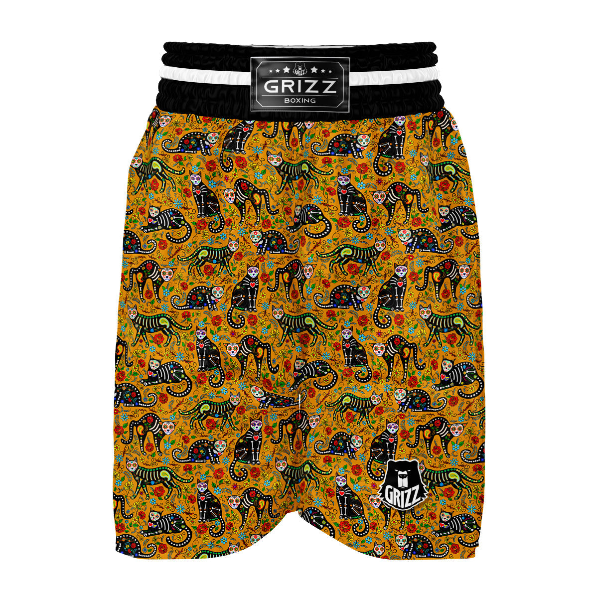 Yellow Calavera Cat Print Pattern Boxing Shorts-grizzshop