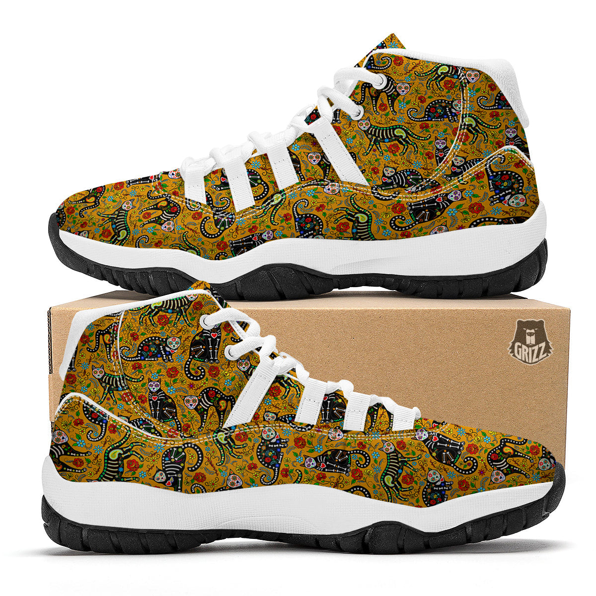 Yellow Calavera Cat Print Pattern White Bball Shoes-grizzshop