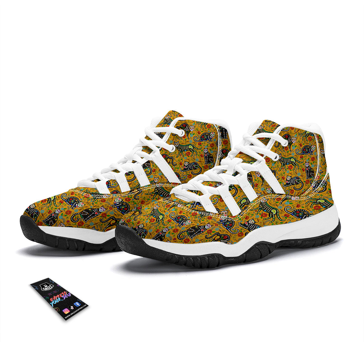 Yellow Calavera Cat Print Pattern White Bball Shoes-grizzshop