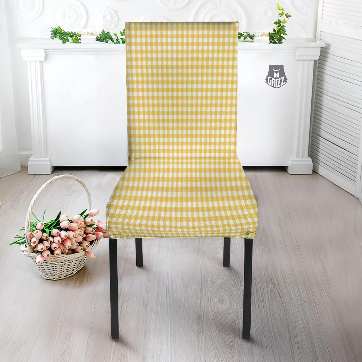 Yellow Canary And White Gingham Print Dining Chair Slipcover-grizzshop