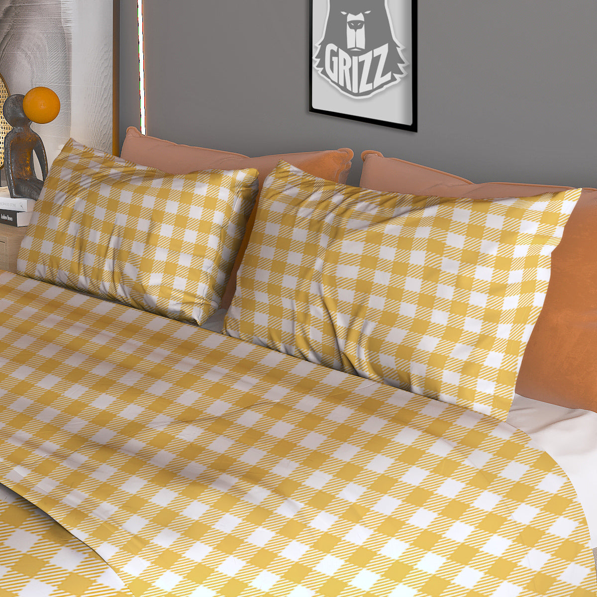 Yellow Canary And White Gingham Print Duvet Cover Bedding Set