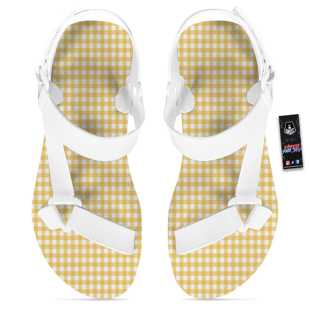 Yellow Canary And White Gingham Print White Open Toe Sandals-grizzshop