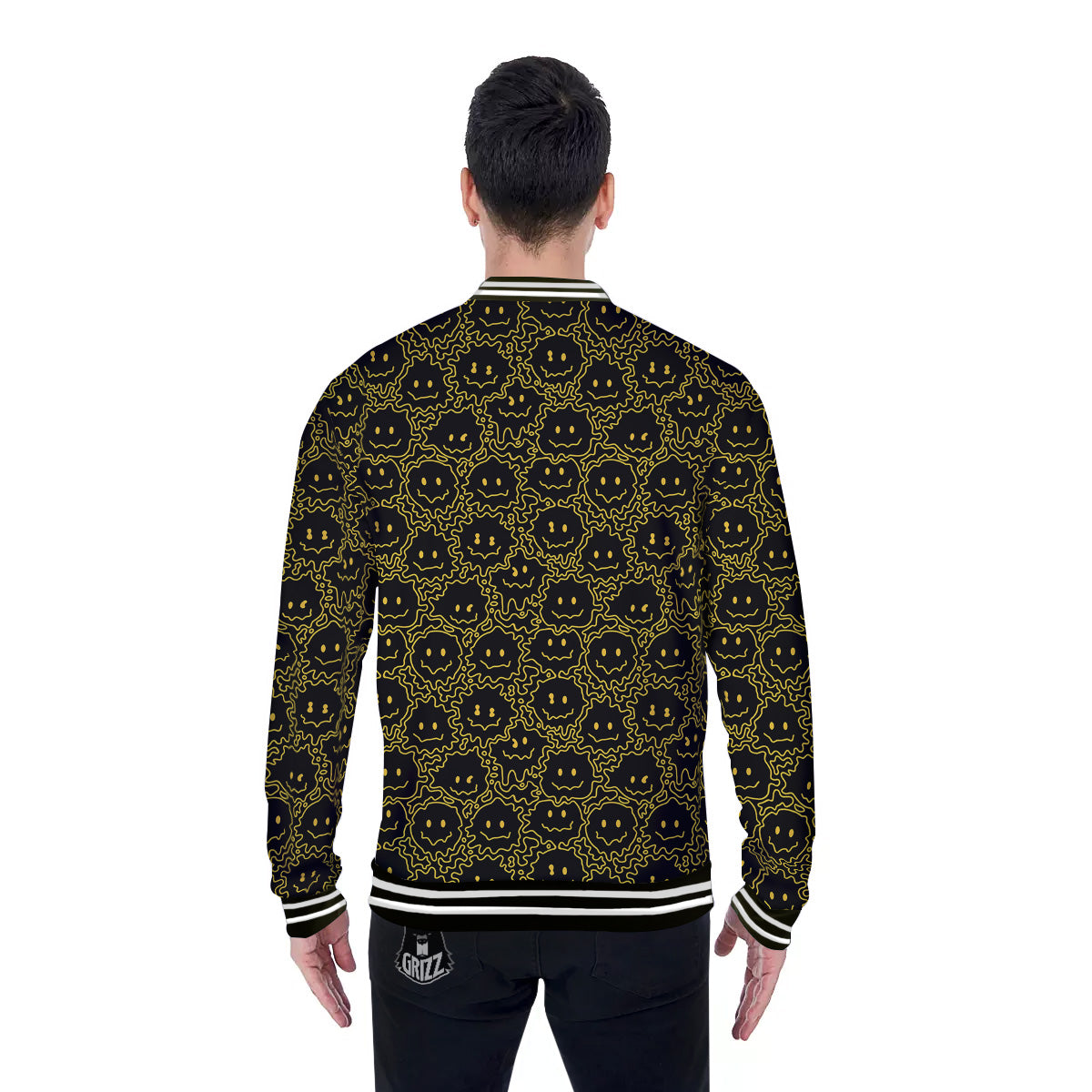 Yellow Crazy Emoji Print Pattern Baseball Jacket-grizzshop