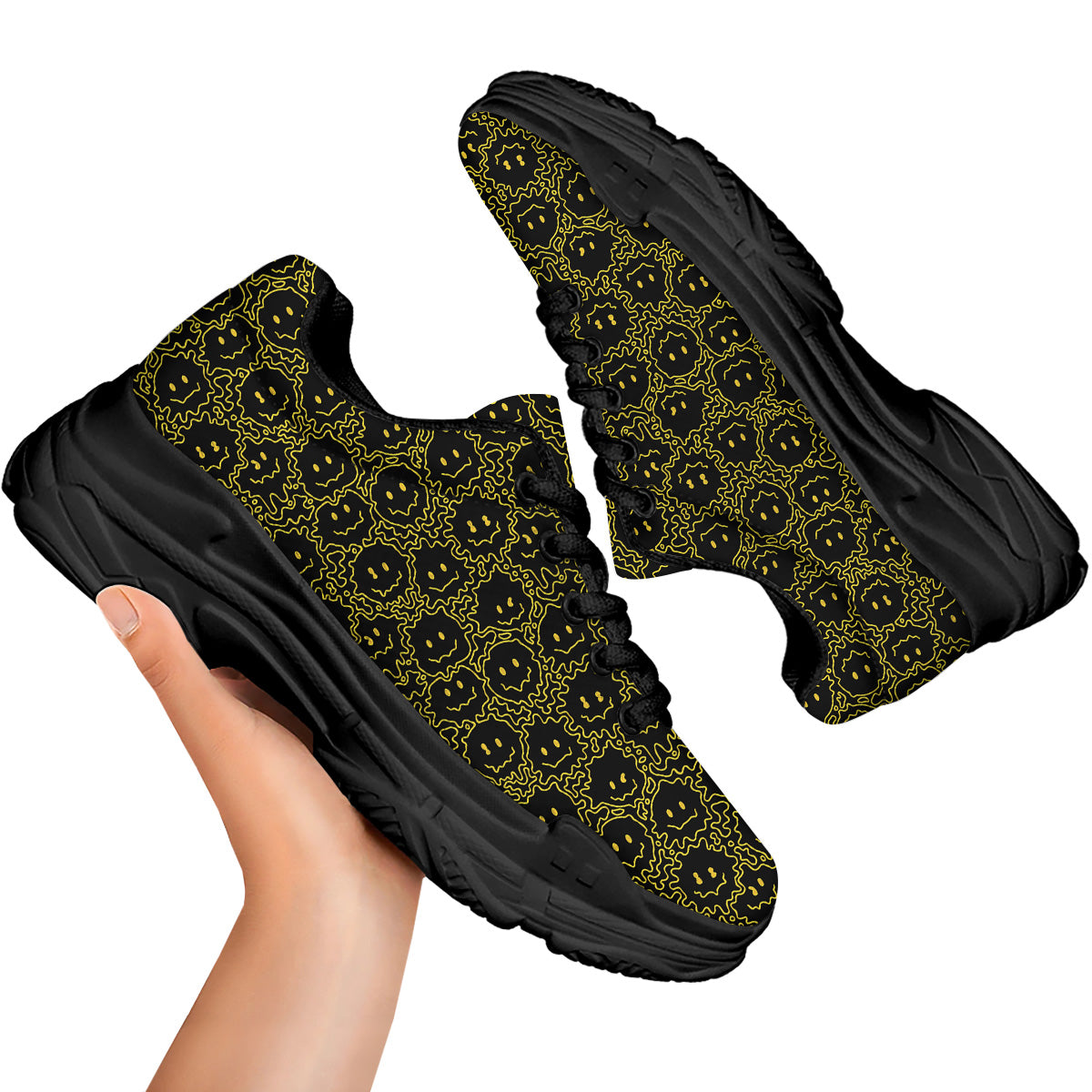 Yellow Crazy Emoji Print Pattern Black Chunky Shoes-grizzshop