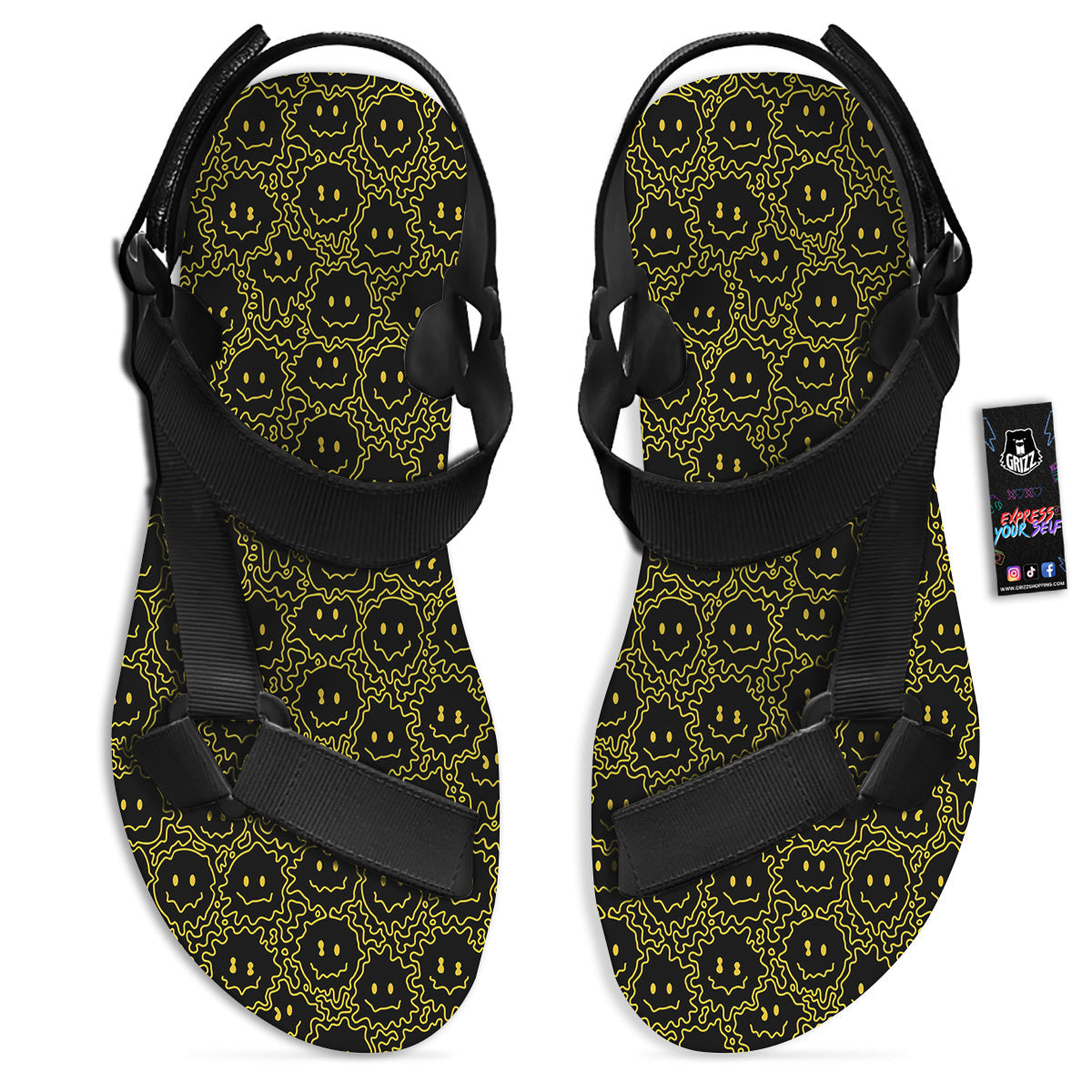 Yellow Crazy Emoji Print Pattern Black Open Toe Sandals-grizzshop