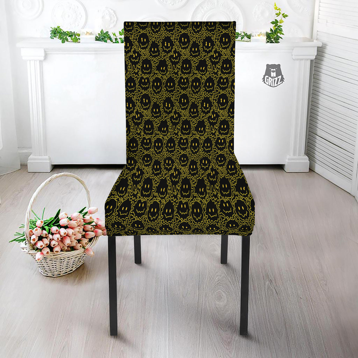 Yellow Crazy Emoji Print Pattern Dining Chair Slipcover-grizzshop