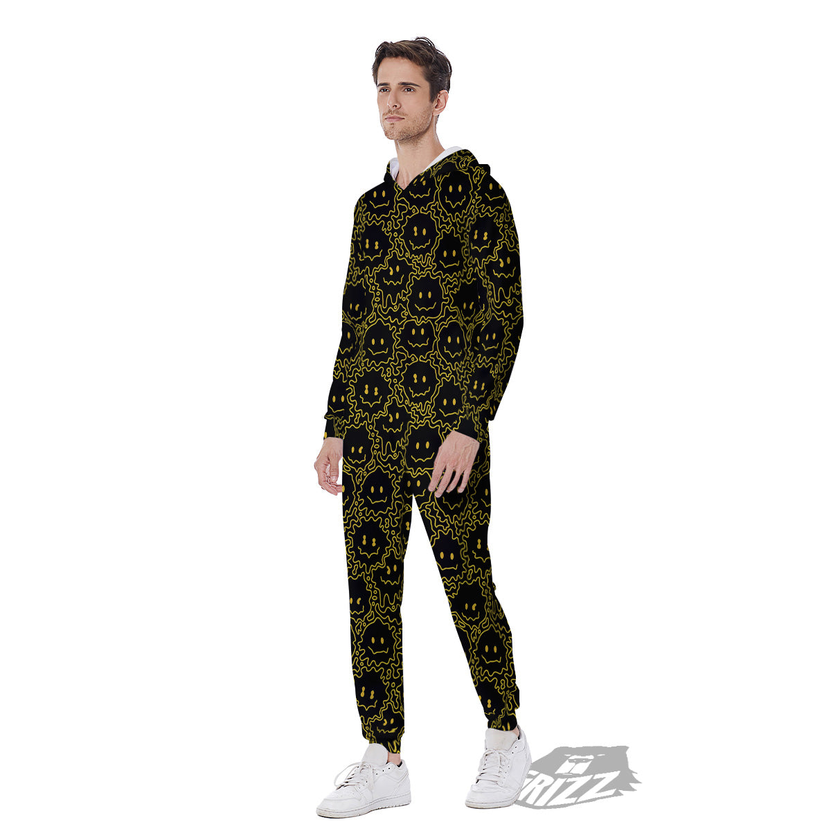 Yellow Crazy Emoji Print Pattern Men's Jumpsuit-grizzshop