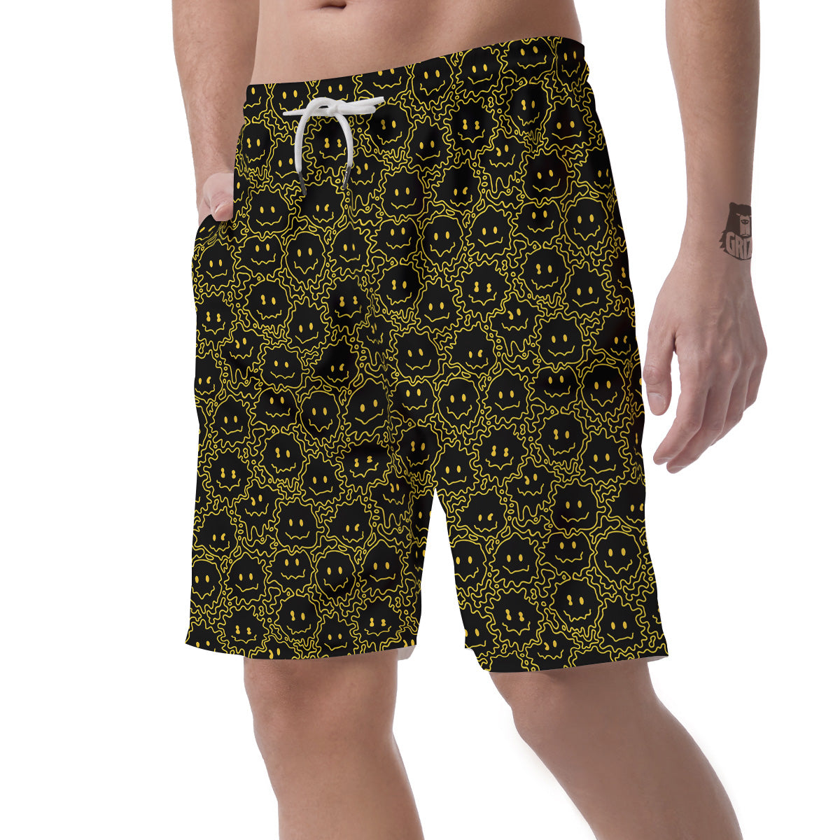 Yellow Crazy Emoji Print Pattern Men's Shorts-grizzshop