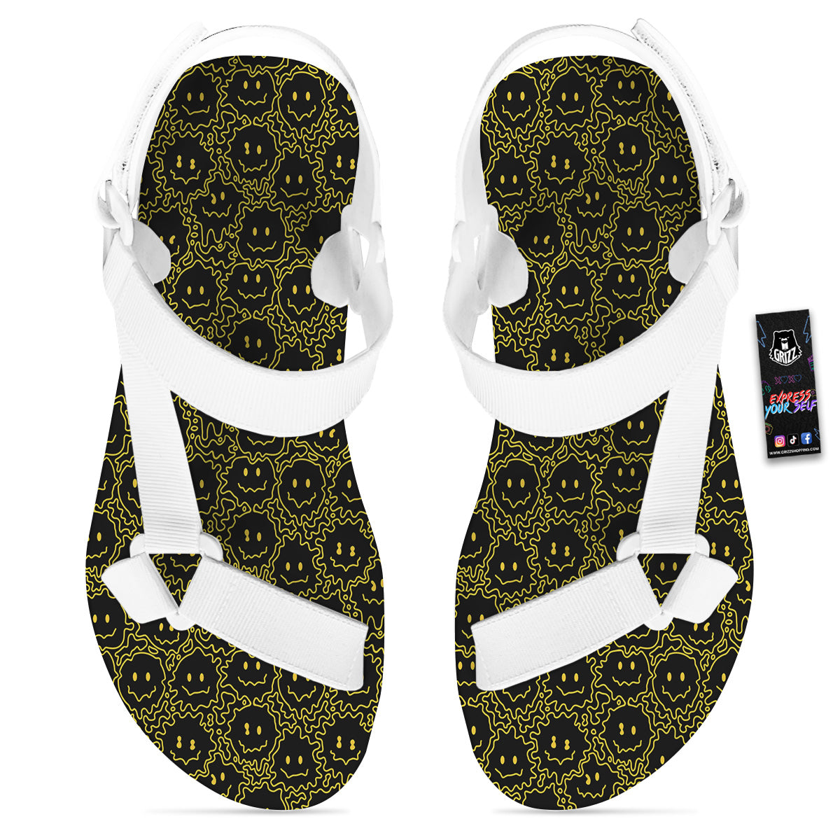 Yellow Crazy Emoji Print Pattern White Open Toe Sandals-grizzshop