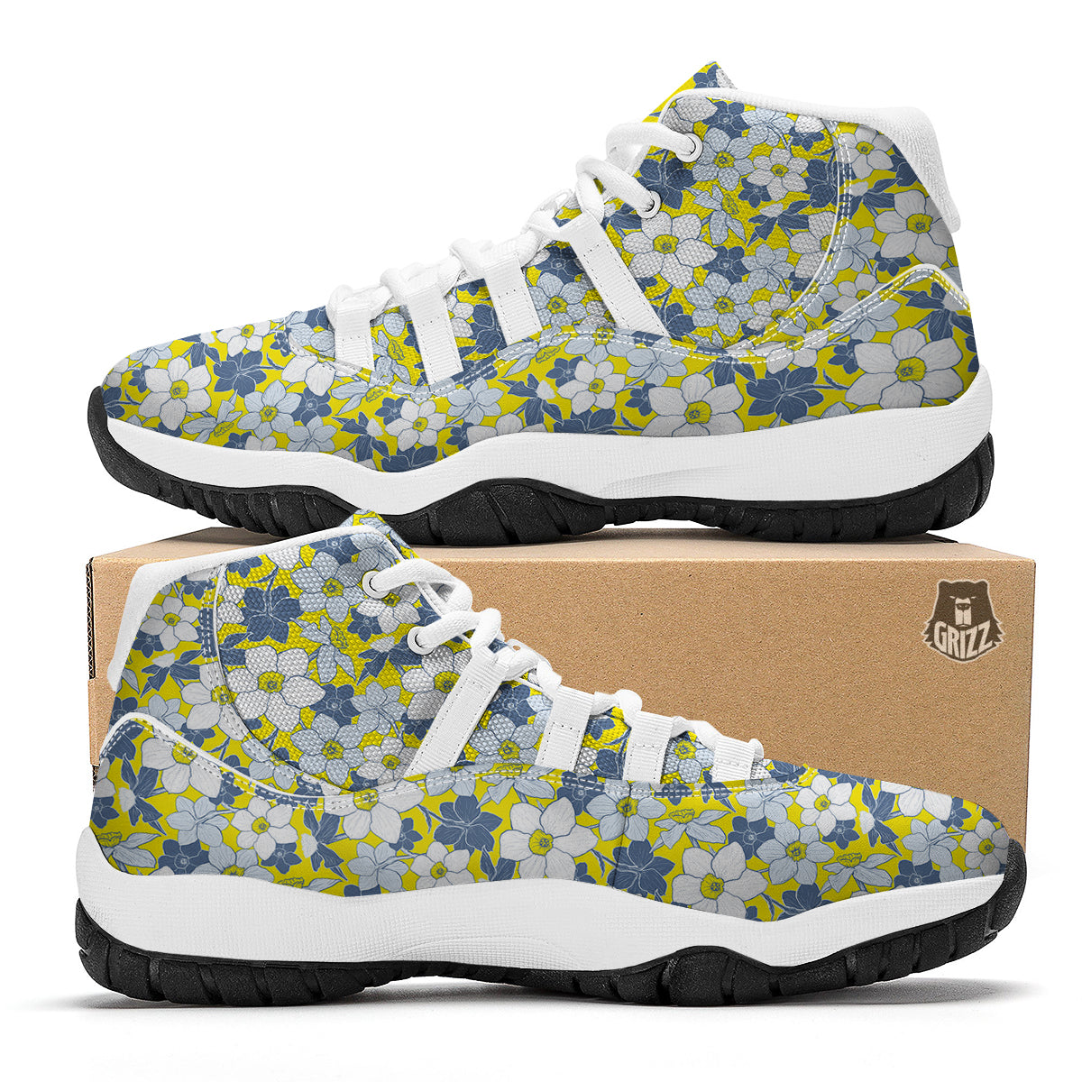 Yellow Daffodil Print Pattern White Bball Shoes-grizzshop