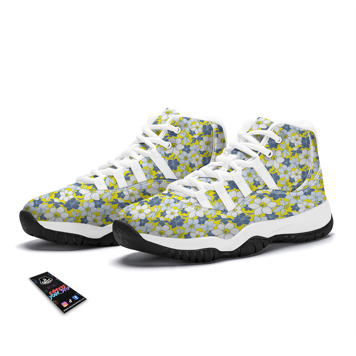 Yellow Daffodil Print Pattern White Bball Shoes-grizzshop