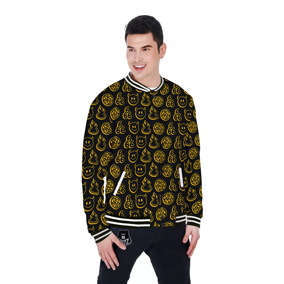 Yellow Demon Smile And Symbol Print Pattern Baseball Jacket-grizzshop