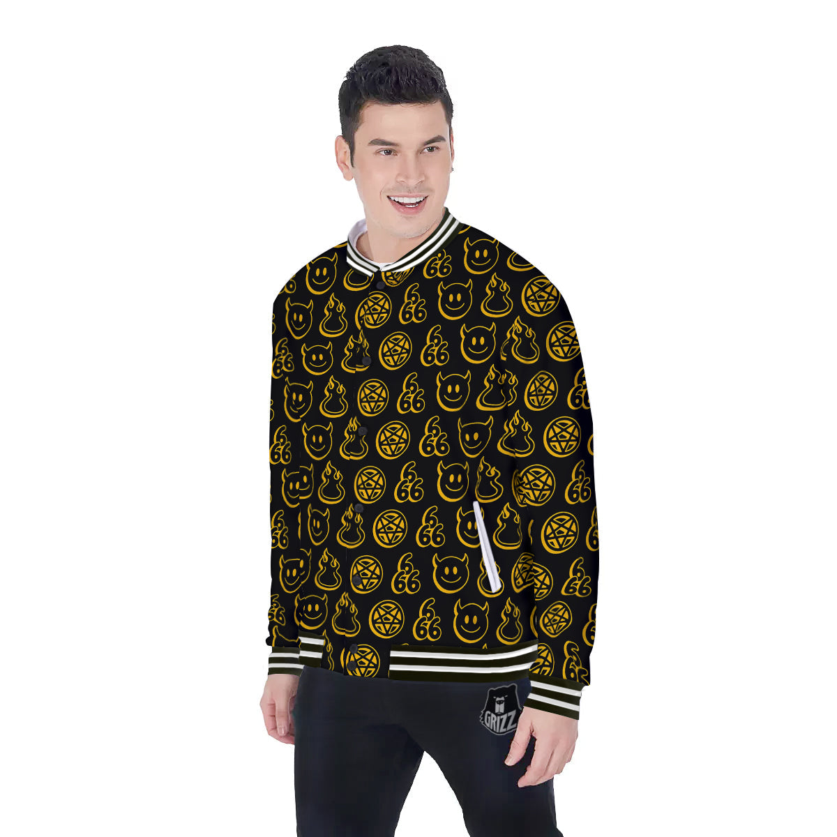 Yellow Demon Smile And Symbol Print Pattern Baseball Jacket-grizzshop