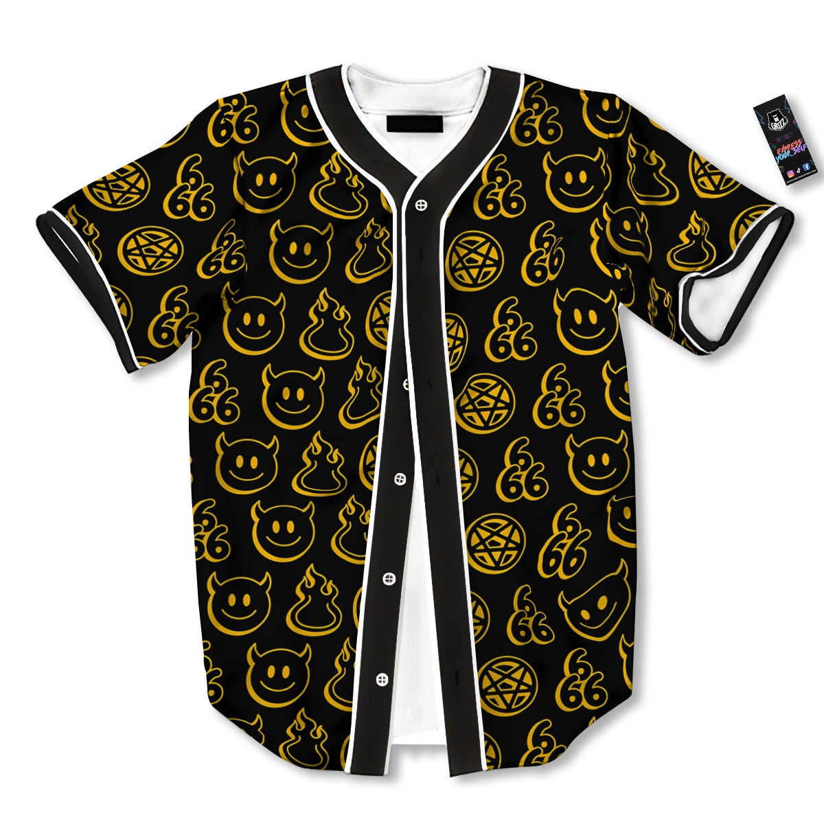 Yellow Demon Smile And Symbol Print Pattern Baseball Jersey-grizzshop